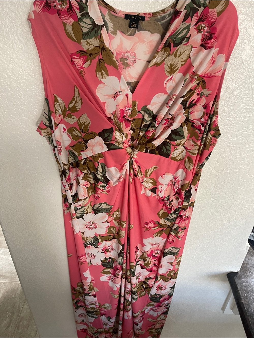 IMAN Coral Pink Floral Twist-Front Tunic
